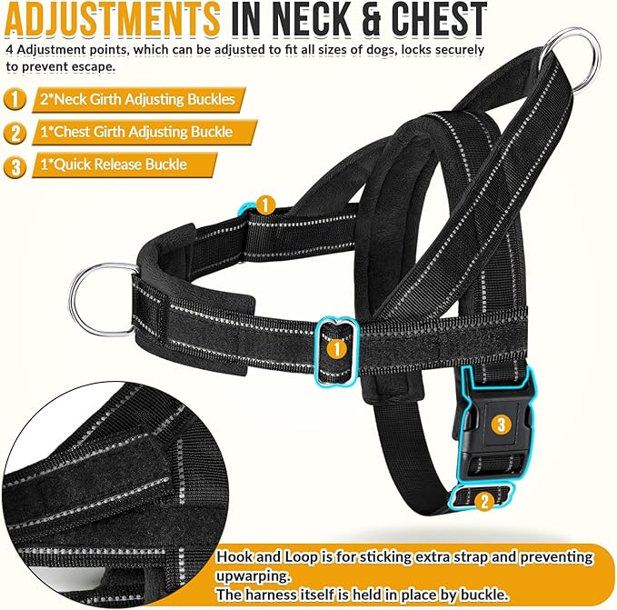 SlowTon No Pull Dog Harness - Heavy Duty Dog Harness and Leash Set for Medium Large Dogs, Reflective Tactical Harness with Soft Padded and Front Clip for Easy Walk and Training (Black XL)