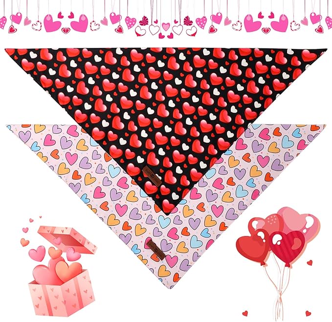 Lionet Paws Valentine's 2pcs Dog Bandanas, Black Heart & Colorful Heart Dog Scarf Bib Premium Fabric, Happy Valentine Love Bandanas for Medium Large Dogs Pets