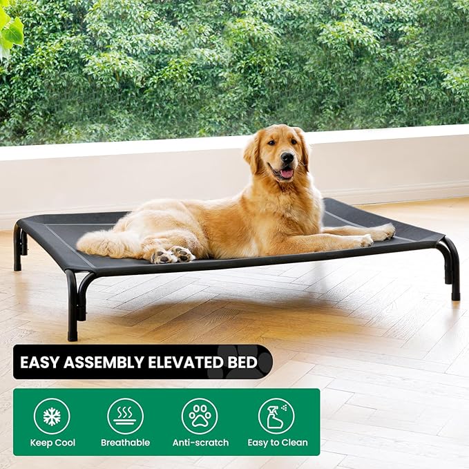 Elevated Dog Bed Raised Outdoor Dog Cot for Extra Large Dogs, Installation Requires No Tools, Frame with Washable Cooling Breathable Mesh Anti-Slip Feet, Indoor Pet Bed, Black, 48.8 Inches
