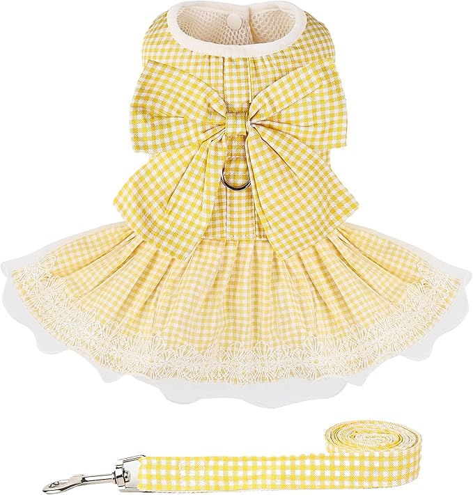 Dog Dress Plaid with Bowknot Cute Dress for Small Dog Cat Puppy Outfits with Harness Leash（ Yellow，Medium ）