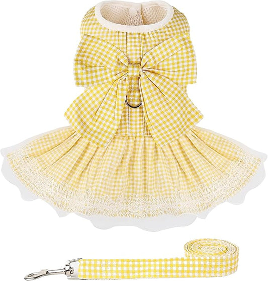 Dog Dress Plaid with Bowknot Cute Dress for Small Dog Cat Puppy Outfits with Harness Leash（ Yellow，Medium ）