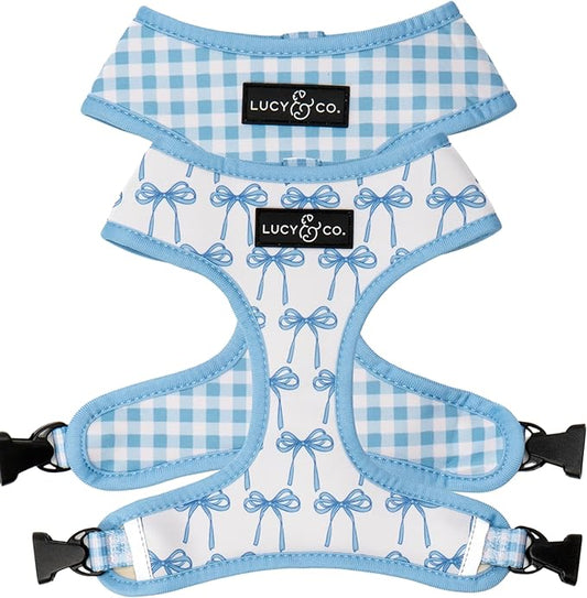 Lucy & Co. Cute Reversible Dog Harness Walking Halter - Best Designer Pet Harnesses for XS - XL Dogs - Padded Adjustable Vest for Easy Walking - X Large - White with Blue Bows