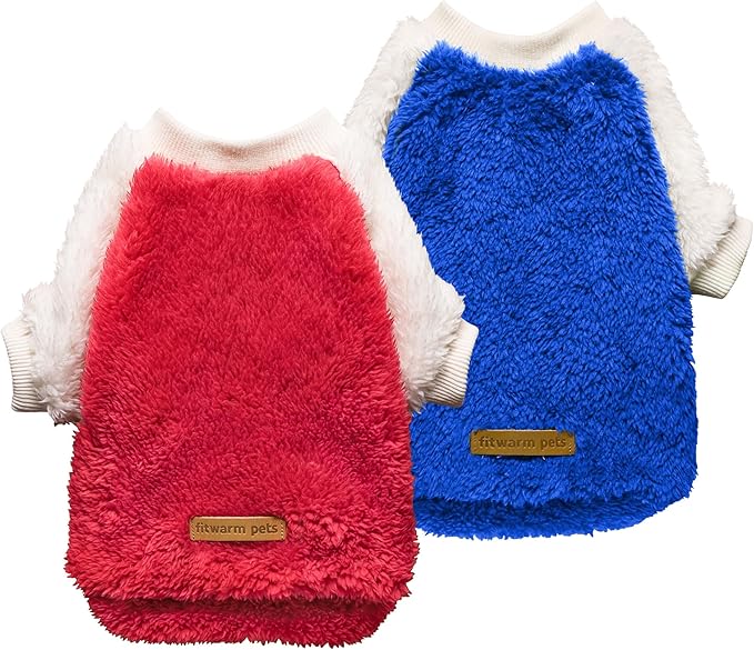 Fitwarm 2 Pack Fuzzy Fleece Dog Sweater, Thermal Dog Clothes for Small Dogs Boy Girl, Pet Cat Winter Outfit, Red, Royal Blue, Large