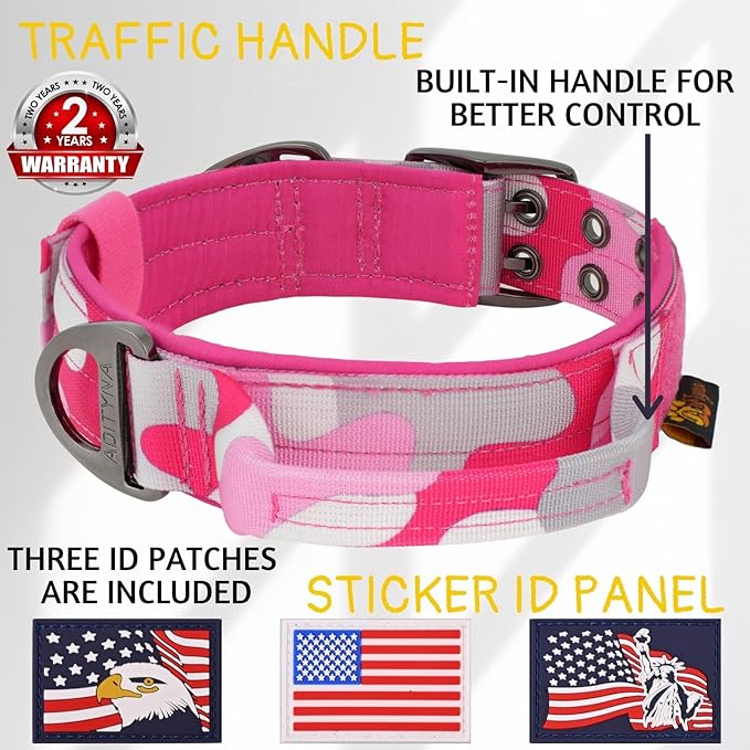 ADITYNA Heavy Duty Dog Collar for Large Dogs - Camo Pink Collar with Handle for Training, and Walking - Wide, Neoprene Padded for Large Female Dogs