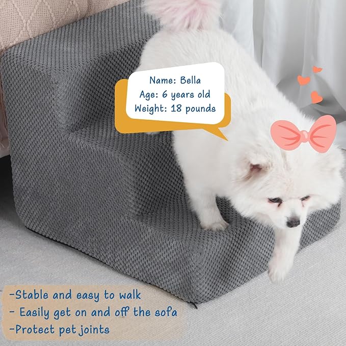 Dog Stairs for Small Dogs & Cats, 3-Step Non-Slip Pet Steps for Couch Sofa and Chair, Grey, 13.6" H