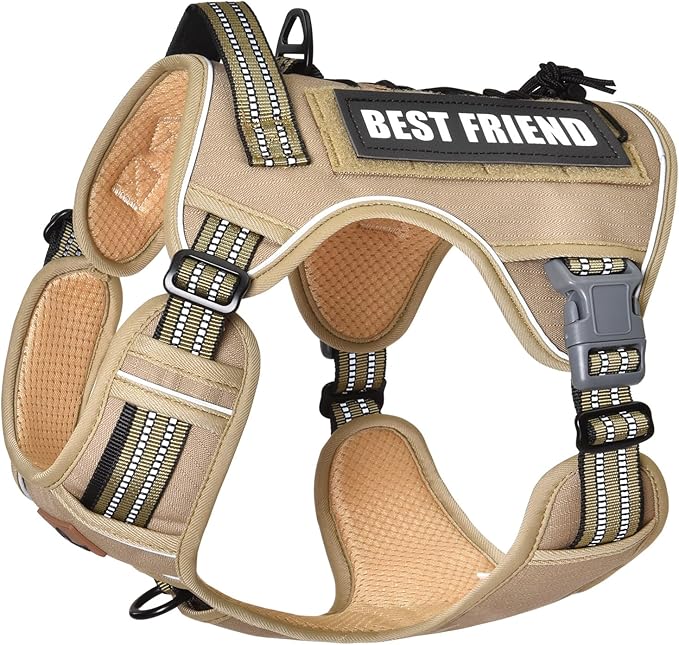 PET MARVEL Tactical Dog Harness for Large Size, No Pull Military Dog Vest with Easy Control Handle, Molle Hoop & Loop, Adjustable Reflective Reinforced Stich for Walking Training, Brown