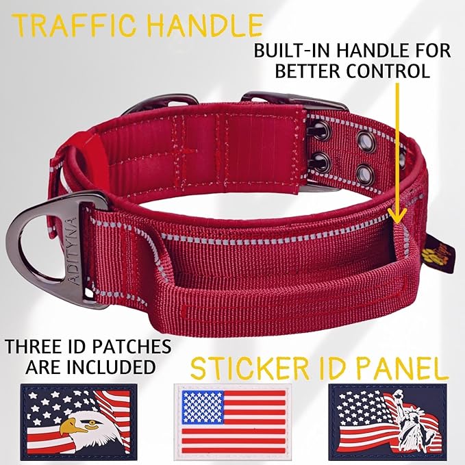 ADITYNA Heavy Duty Dog Collar for Large Dogs - Reflective Burgundy Collar with Handle for Training, and Walking - Wide, Thick, Tactical, Soft Neoprene Padded