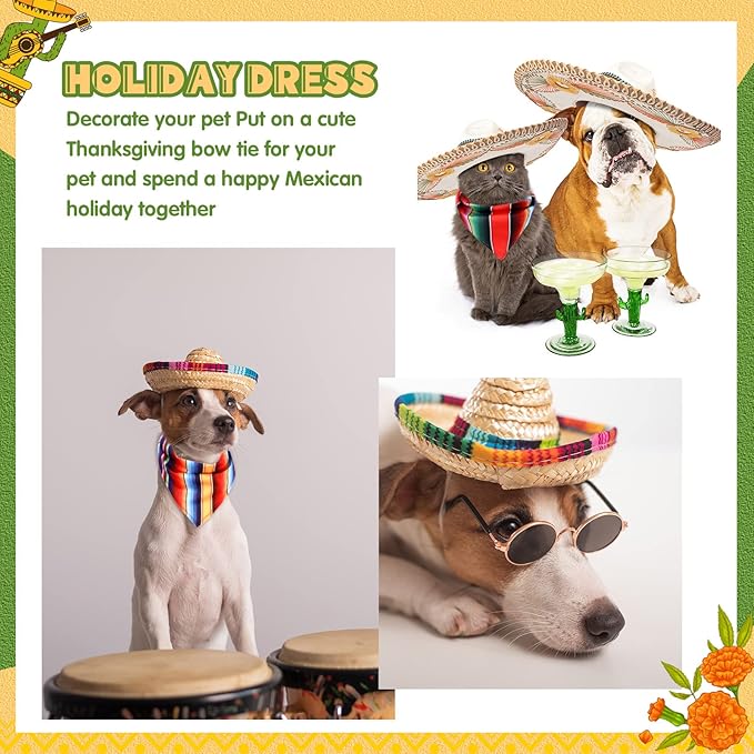 4 Pcs Cinco de Mayo Dog Bandana Cinco de Mayo Fiesta Fabric and Straw Sombrero Headbands Triangle Dog Sombrero Hat for Small Medium Pets Puppies Outdoor Colorful Serape Mexican Dog Gift Kids