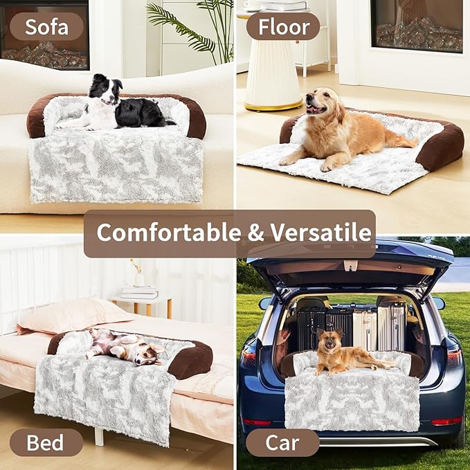 Calming Dog Couch Bed Mat, 41x37 Inch Waterproof Fluffy Sofa Cover, Furniture Protector with Handle, Removable and Washable Pet Bed for Medium Large Dogs and Cats (Brown)