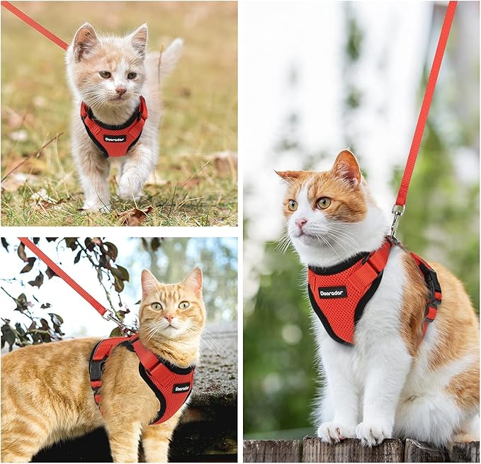 Dooradar Cat Harness and Leash Set, Escape Proof Safe Adjustable Kitten Vest Harnesses for Walking, Easy Control Soft Breathable Mesh Jacket with Reflective Strips for Cats, Reddish Orange, S