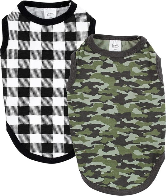Luvable Friends Dog Pet Dog and Cats Cotton T-Shirts 2pk, Camo Plaid, Large