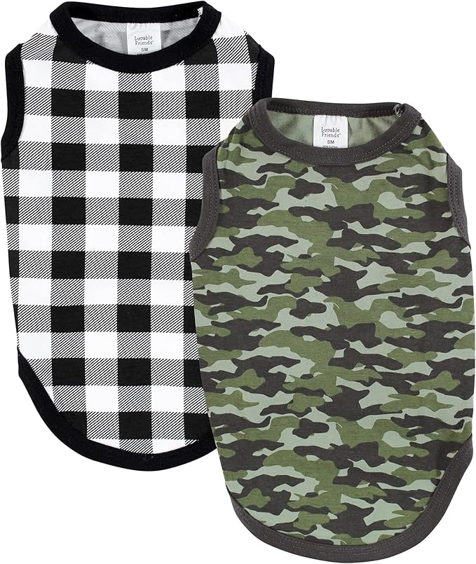 Luvable Friends Dog Pet Dog and Cats Cotton T-Shirts 2pk, Camo Plaid, Medium