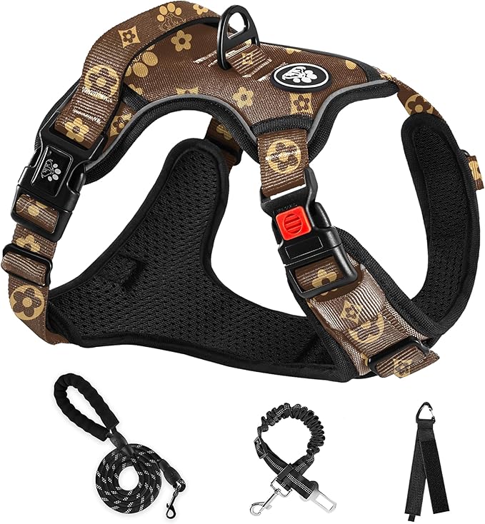 NESTROAD No Pull Dog Harness,Adjustable Oxford Dog Vest Harness with Leash,Reflective No-Choke Pet Harness with Easy Control Soft Handle for Large Dogs(X-Large,Dark Brown)