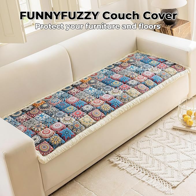 FUNNY FUZZY Pet Couch Covers for Sofa, Couch Covers for Dogs Washable Dog Couch Cover Protector Furniture Sofa Covers for Dog Handmade Pure Cotton Pet Bed Mat (Morocco Blue, 27.6"×59.1")