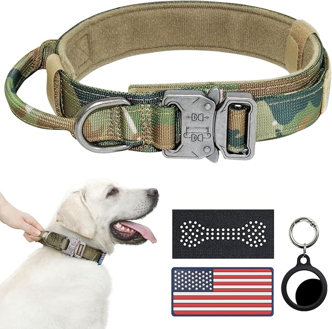 Hotsky Tactical Dog Collar, Adjustable Military Training Nylon Airtag Collar with Handle and Heavy Duty Metal Buckle for Medium Large Dogs, with Airtag Holder and Two Patches（Camo,M）
