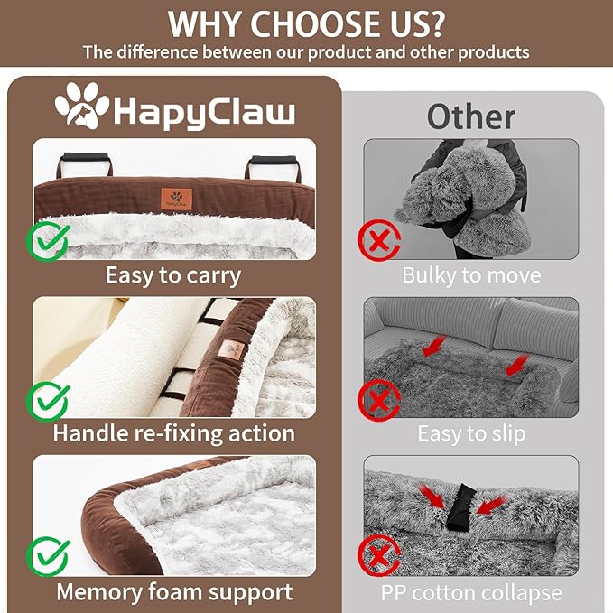 Calming Dog Couch Bed Mat, 45x37 Inch Waterproof Fluffy Sofa Cover, Furniture Protector with Handle, Removable and Washable Pet Bed for Large Dogs and Cats (Brown)