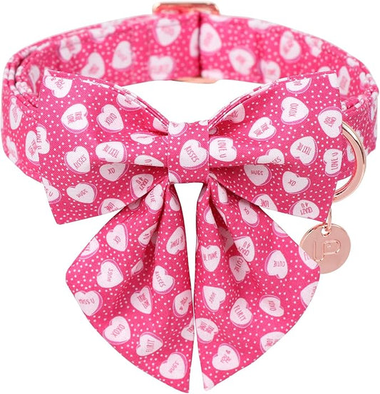 Valentine’s Dog Collar with Bow Tie, Pink Heart Bowtie Collar with Metal Buckle, Valentine’s Gift Pet Collar for Puppy Girl Boy Dog or Cat, Wedding Dog Collar, XS
