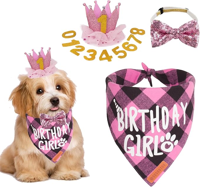 ADOGGYGO Dog Birthday Party Supplies, Multi Size Offered, Birthday Girl Dog Bandana, Pink Puppy Party Hat Crown with Numbers for Small Puppies Pets (Small)