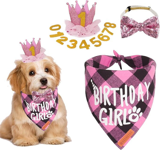 ADOGGYGO Dog Birthday Party Supplies, Multi Size Offered, Birthday Girl Dog Bandana, Pink Puppy Party Hat Crown with Numbers for Small Puppies Pets (Small)