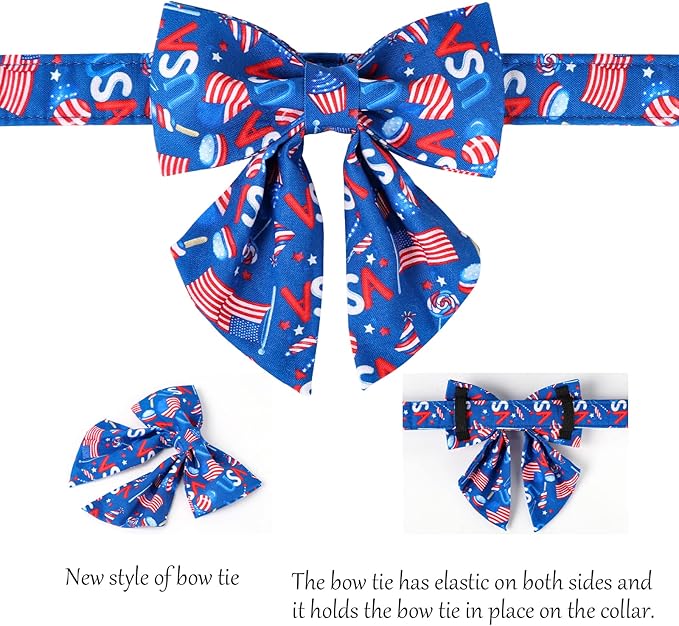 Lionet Paws Patriotic Dog Collar with Sailor Bow, 4th of July, Soft and Comfortable Adjustable American Flag Collar for Puppies and Cats, XXS, Neck 7-11 inches