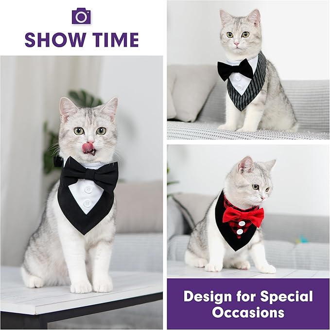 cyeollo 2pack Dog Tuxedo Bandana Wedding Collar with Bowtie Adjustable Doggies Tux Pet Party Birthday Christmas Dog Costume for Medium Dogs Black & Plaid L