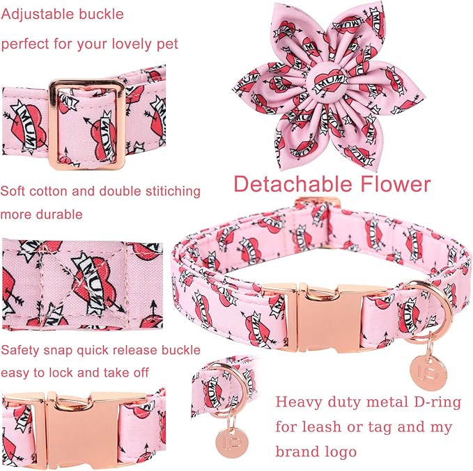 Mother’s Dog Collar with Flower, Cute Cotton Girl Dog Collar, Adorable Pink Flower Collar for X-Large Girl Dog, Comfortable Female Dog Collar with Metal Buckle, XL