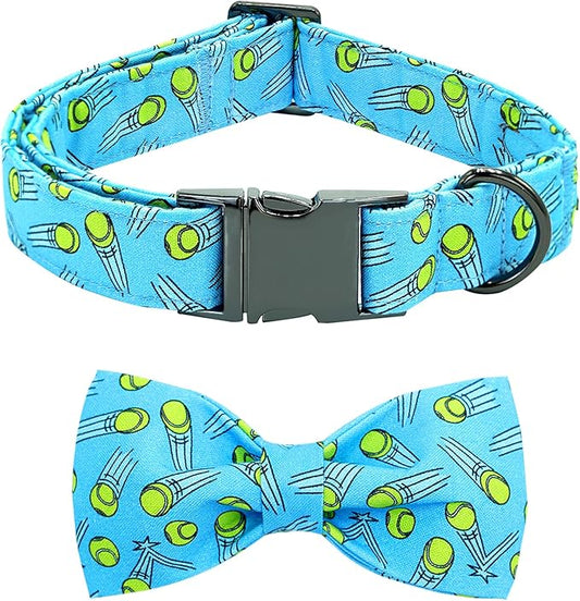 Dog Collar-Tennis Balls Print Adjustable Pet Collar Cute Cotton Soft Collars with Bow Tie Spring Summer Metal Buckle Puppy Collar Gift for Medium Dogs