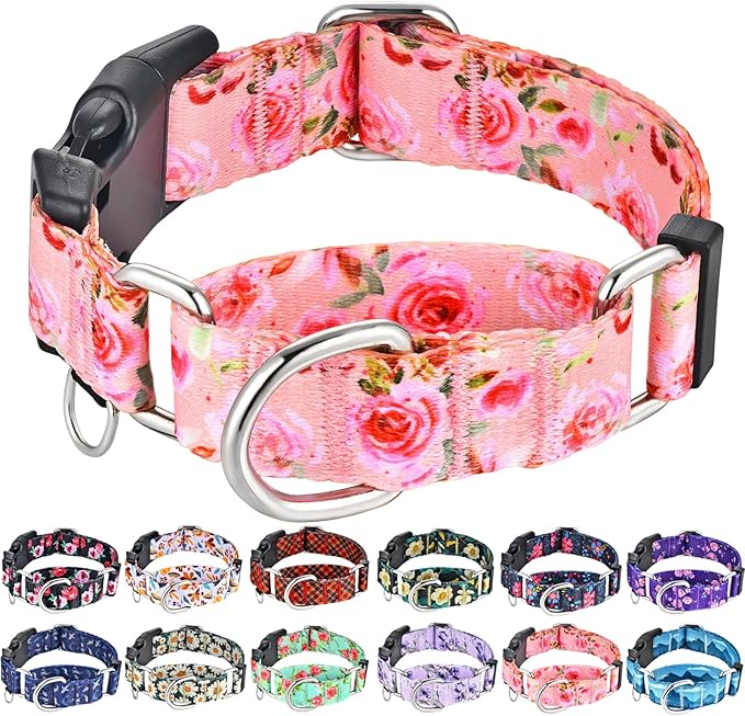 Female Martingale Dog Collar with Buckle Cute Girl Pink Floral Dog Collars for Medium Dogs, Watercolor Pink Rose