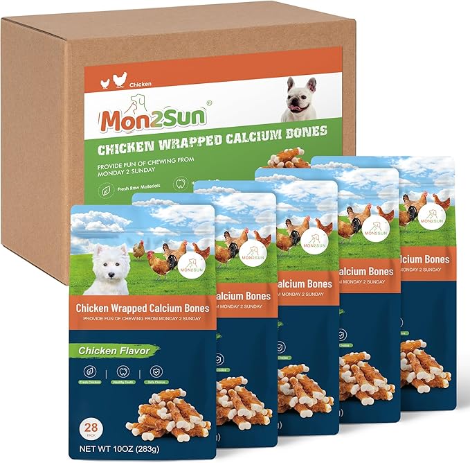 MON2SUN Dog Treats, 2.3 Inch Chicken Wrapped Calcium Bones, Rawhide Free Chews for Puppy and Small Dogs, Training Treats for Teeth Cleaning and Fresh Breath (28 Count - Pack of 5)