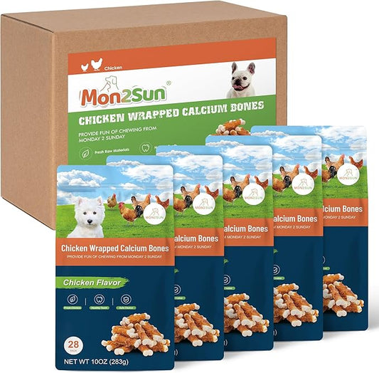 MON2SUN Dog Treats, 2.3 Inch Chicken Wrapped Calcium Bones, Rawhide Free Chews for Puppy and Small Dogs, Training Treats for Teeth Cleaning and Fresh Breath (28 Count - Pack of 5)