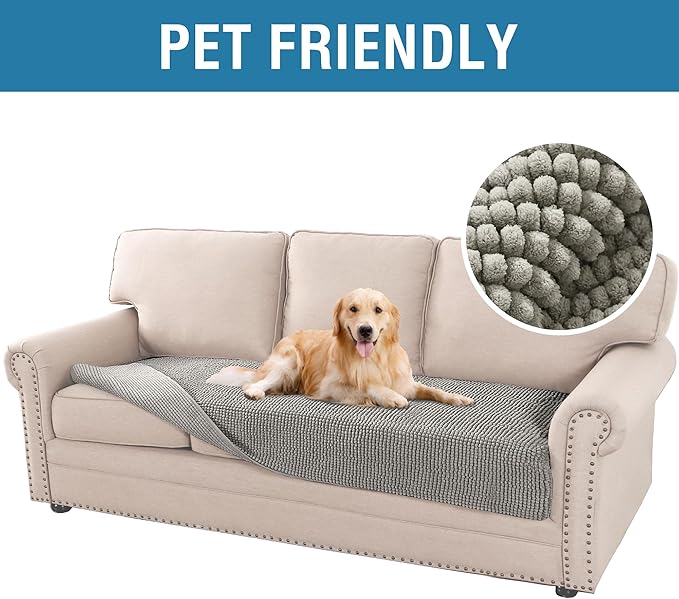 H.VERSAILTEX Plush Chenille Dog Bed Cover Thick Soft Sofa Cover for 3 Cushion Couch Anti Slip Couch Cover Furniture Protector for Dog, Pet, Cat (35" x 74", Dove)