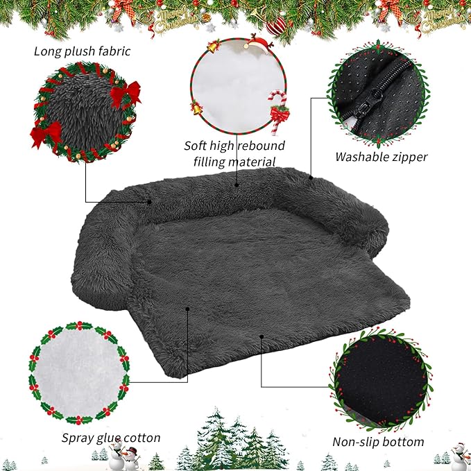 Calming Dog Bed Christmas Throw Blanket Fluffy Plush Dog Mat Furniture Protector Decoration Holiday Throw for Sofa Couch Cover for Large Medium Small Dogs Cats (Medium, Dark Grey)