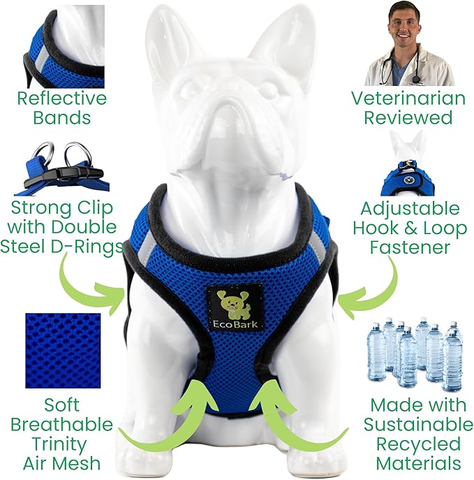 EcoBark Step in Dog Harness - Reflective Soft Luxurious Mesh Dog Harnesses for XXS, XS, Small, and Medium Dogs - Eco-Friendly Comfort Secure Halter No Pull Adjustable Pet Vest (Royal Blue, Small)