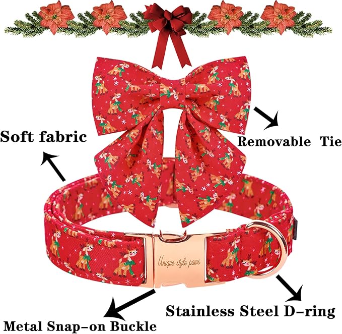 Unique style paws Christmas Dog Collar with Tie Red Elk Pure Cotton Collar Adjustable Puppy Collar for Small Medium Large Dogs-XS