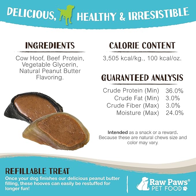 Raw Paws Filled Cow Hooves for Dogs - Peanut Butter Flavor, 5-Pack, Natural Beef, Free Range Cow Hooves - Peanut Butter for Dogs - Stuffed Cow Hoof Dog Chews