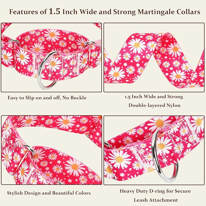 Martingale Dog Collar for Large/X-Large Dogs - Heavy Duty 1.5" Military Grade Nylon Collar with Red Daisy Floral Design, No-Slip Adjustable Training Collar Durable & Stylish (XL)