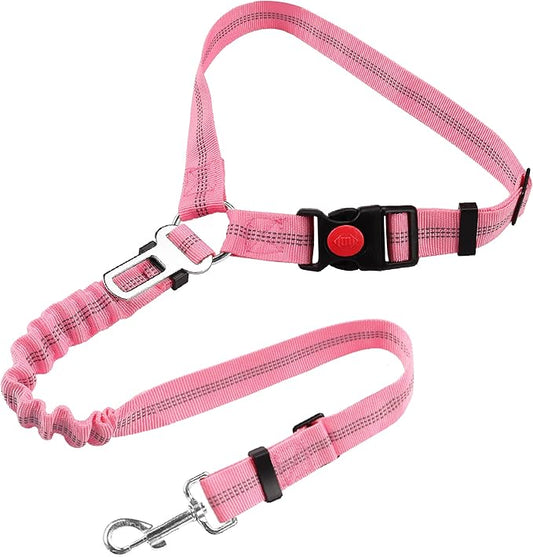 YAOHDAO Dog Seat Belt Harness for Car, Restraint Adjustable with Elastic Bungee Buffer Headrest for Vehicle, 360 Degree Swivel Nylon Pet Safety Seat Belts Heavy Duty Car Harness for Dogs (Pink)