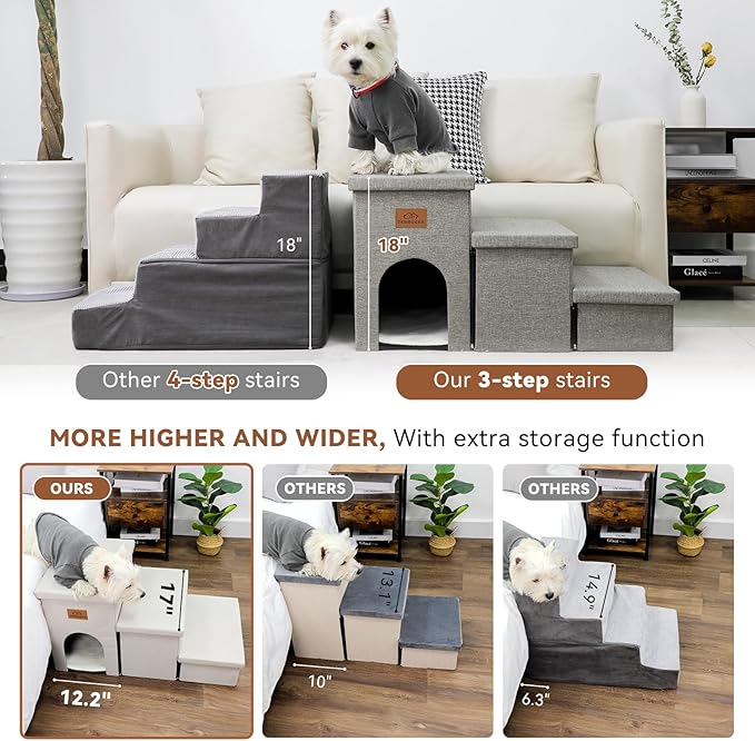 Dog Stairs with Condo 18" H, 3-Step Wider Dog Steps for High Beds Couch, Folding Storage Pet Stairs Gift for Small/Medium/Large Old Dogs Cats, Ramp for Climbing Car Up to 200 lbs, Smok Gray