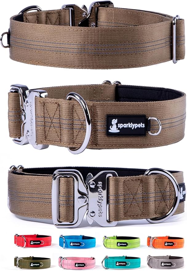 SparklyPets Heavy Duty Wide Dog Collar with Quick Release Chrome Buckle – Thick Tactical Dog Collar with Reflective Stripes & Soft Lining – for Large & Medium Breeds