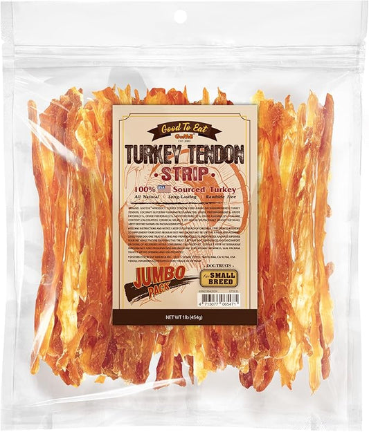 Gootoe Turkey Tendon Dog Treats, Strips 1 lb, 100% USA Sourced Turkey, Natural Snack, Premium Puppy Chews, Hypoallergenic, Rawhide Free, Reseal Value Bag, Size for Small Dogs