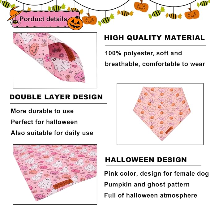 ADOGGYGO Halloween Dog Bandana, Pink Pumpkin Ghost Scarf, Adjustable Fit Female Halloween Bandanas for Small Dogs Puppies (Small)