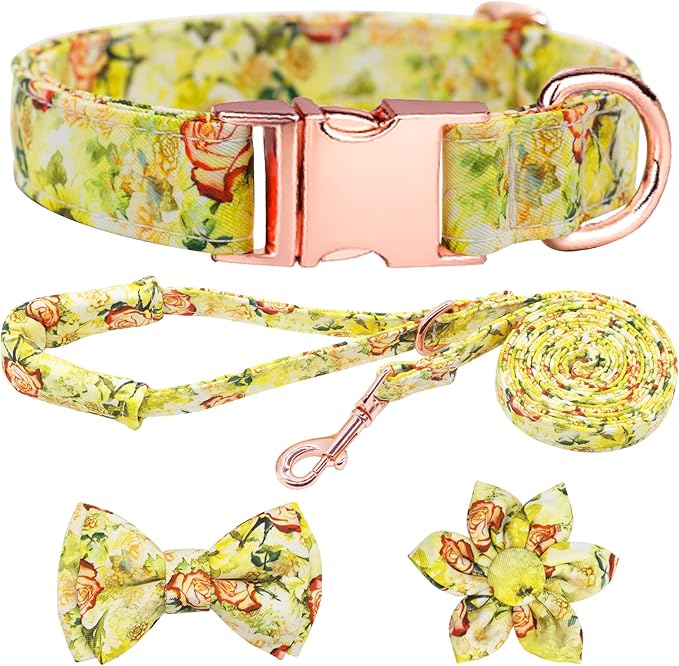 Dog Collar and Leash Set Girls Adjustable Puppy Collars with Floral Bow Tie for Small Medium Large Female Dogs, Yellow Rose, M