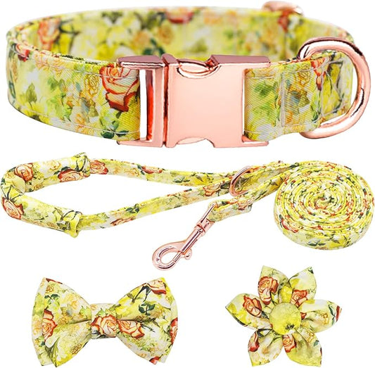 Dog Collar and Leash Set Girls Adjustable Puppy Collars with Floral Bow Tie for Small Medium Large Female Dogs, Yellow Rose, M