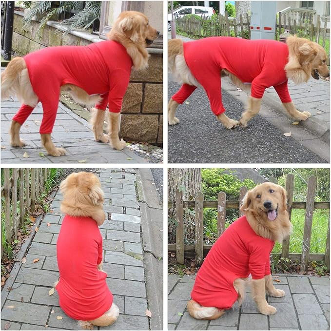 Lovelonglong Four Feet Dog Lightweight Pajamas, Pure Cotton Dog Jumpsuits 4 Legs Dog Onesies T-Shirt Stylish PJS Puppy Costume for Large Medium Small Dogs Red L