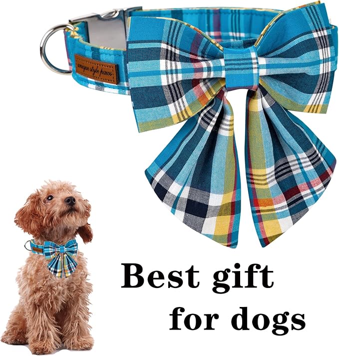 Unique style paws Blue Plaid Dog Collar with Bow Cute Puppy Collar for Small Medium Large Dogs as Autumn Winter Pet Gifts-M