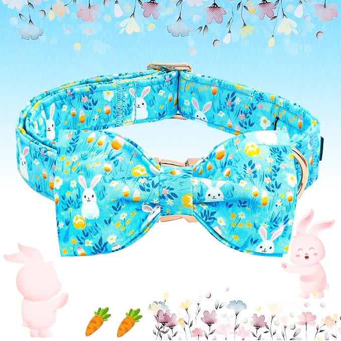 Lionheart glory Dog Bow Collar Easter Day Dog Collar for Large Dogs,Easter Rabbits Colorful Dog Collars with Bowtie Spring Bunnies Blue Collars Pet Collar Bows