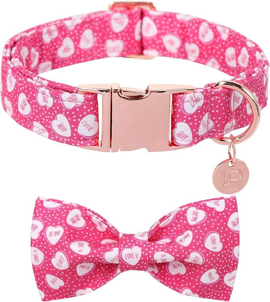 Valentine’s Dog Collar with Bow Tie, Pink Heart Bowtie Collar with Metal Buckle, Valentine’s Gift Pet Collar for Puppy Girl Boy Dog or Cat, Wedding Dog Collar,XL