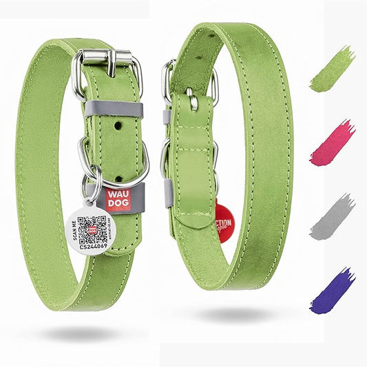 WAUDOG Long Lasting Leather Dog Collar for Large Dogs, Medium & Small Dogs - Adjustable Classic Puppy Collars for Large Breed Dogs - Boy & Girl Dog Collars with Durable Buckle, D-Ring & QR Dog Tag