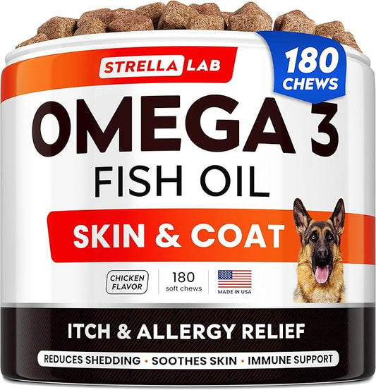 STRELLALAB Omega 3 for Dogs - (180Ct) Fish Oil Treats - Allergy & Itch Relief Skin & Coat Supplement - Dry Itchy Skin, Anti Shedding & Hot Spots Treatment - Pet Salmon Oil Chews - Chicken Flavor