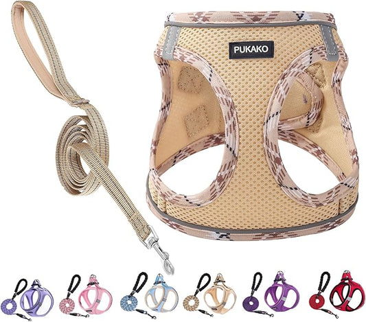 Puppy Harness and Leash Set, Small Dog Harness and Leash Set, Step in Small Size Harness with Soft Mesh and Reflective Bands for Extra-Small/Small Dogs, Khaki， M, Khaki(Plaid)